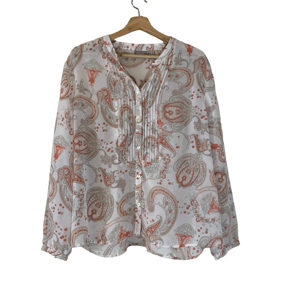 Chicos Sheer Paisley Long Sleeve Button Down Blouse Womens Size 3